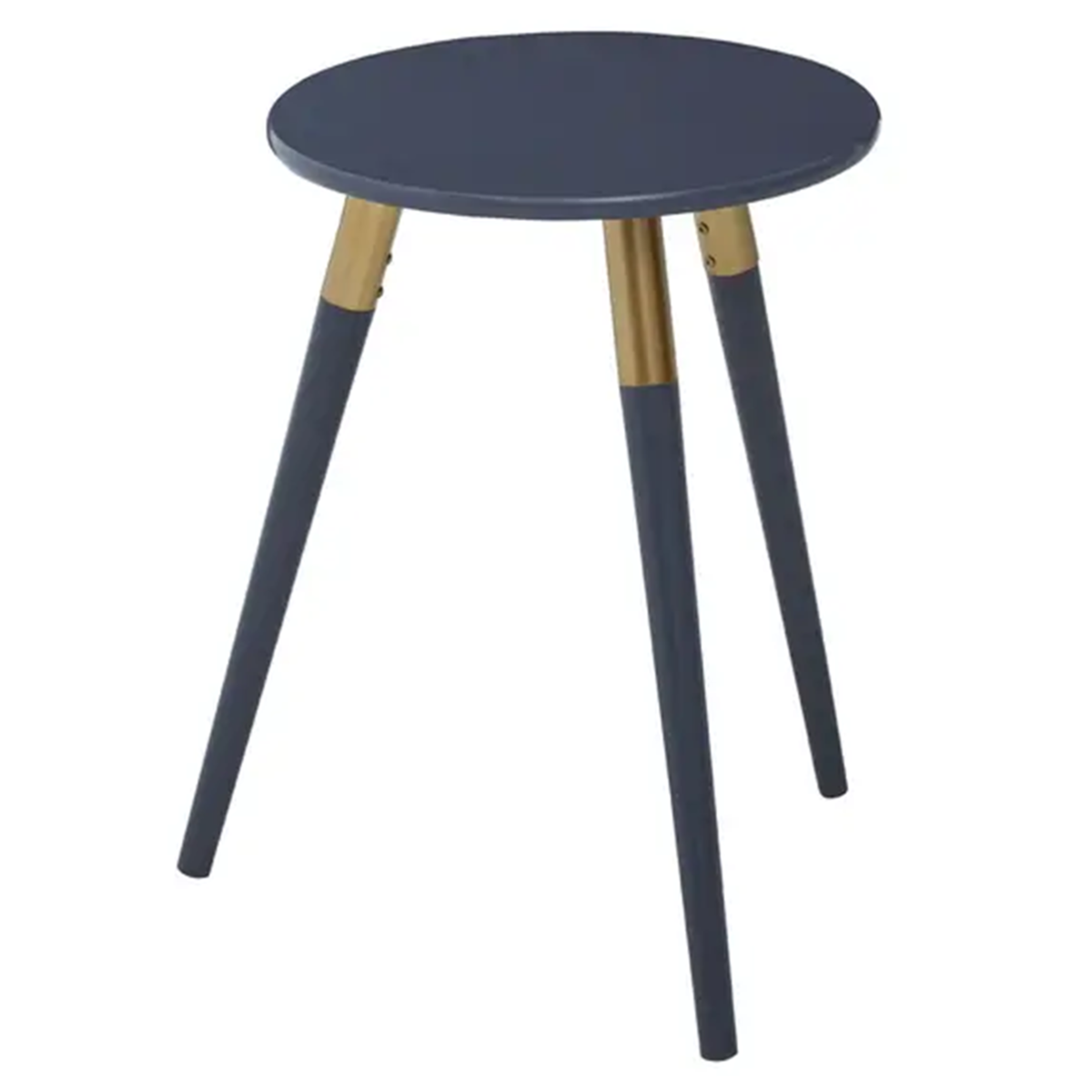 Dark Grey Round Top Wooden Side Table with Natural Wood Legs and Gold Trim | Nostra