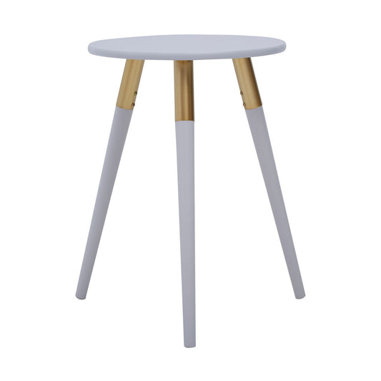 Light Grey Round Top Wooden Side Table with Natural Wood Legs and Gold Trim | Nostra