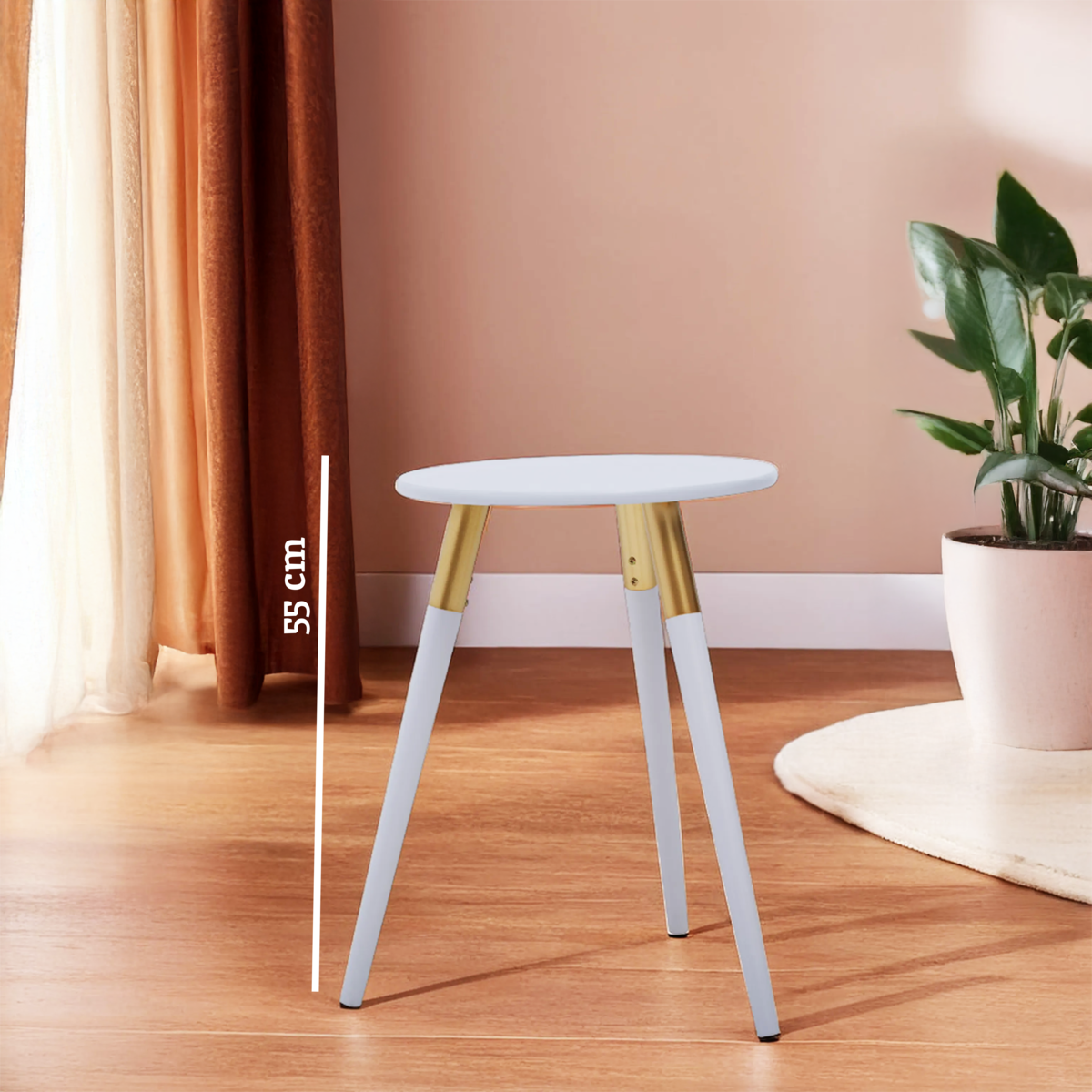 Light Grey Round Top Wooden Side Table with Natural Wood Legs and Gold Trim | Nostra