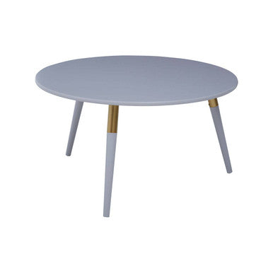 Light Grey Round Top Wooden Coffee Table with Natural Wood Legs and Gold Trim | Nostra