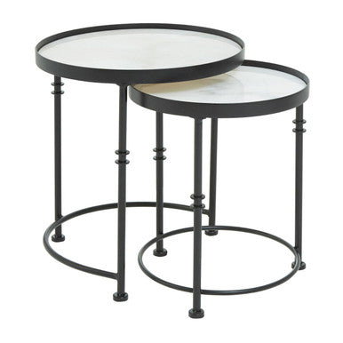 Set of 2 Black Frame and White Marble Top Round Nesting Side Tables | Arcana
