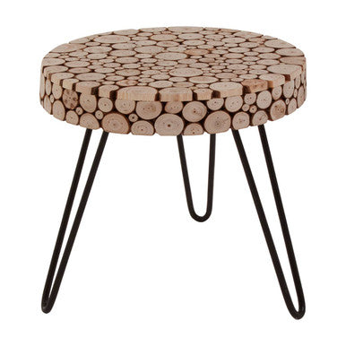 Natural Fir Wood Disc Mosaic Round Coffee Table with Black Metal Hairpin Legs | Lacuna