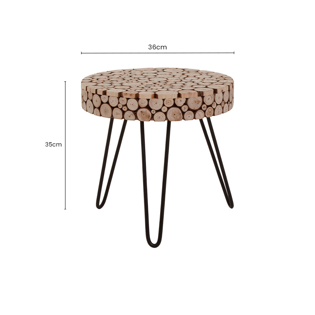 Natural Fir Wood Disc Mosaic Round Coffee Table with Black Metal Hairpin Legs, Lacuna