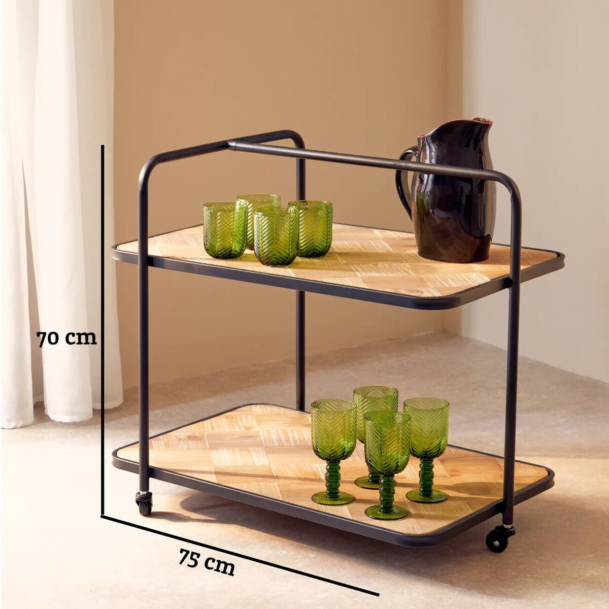 Natural 2 Tier Trolley with Parquet Pattern | Kickford