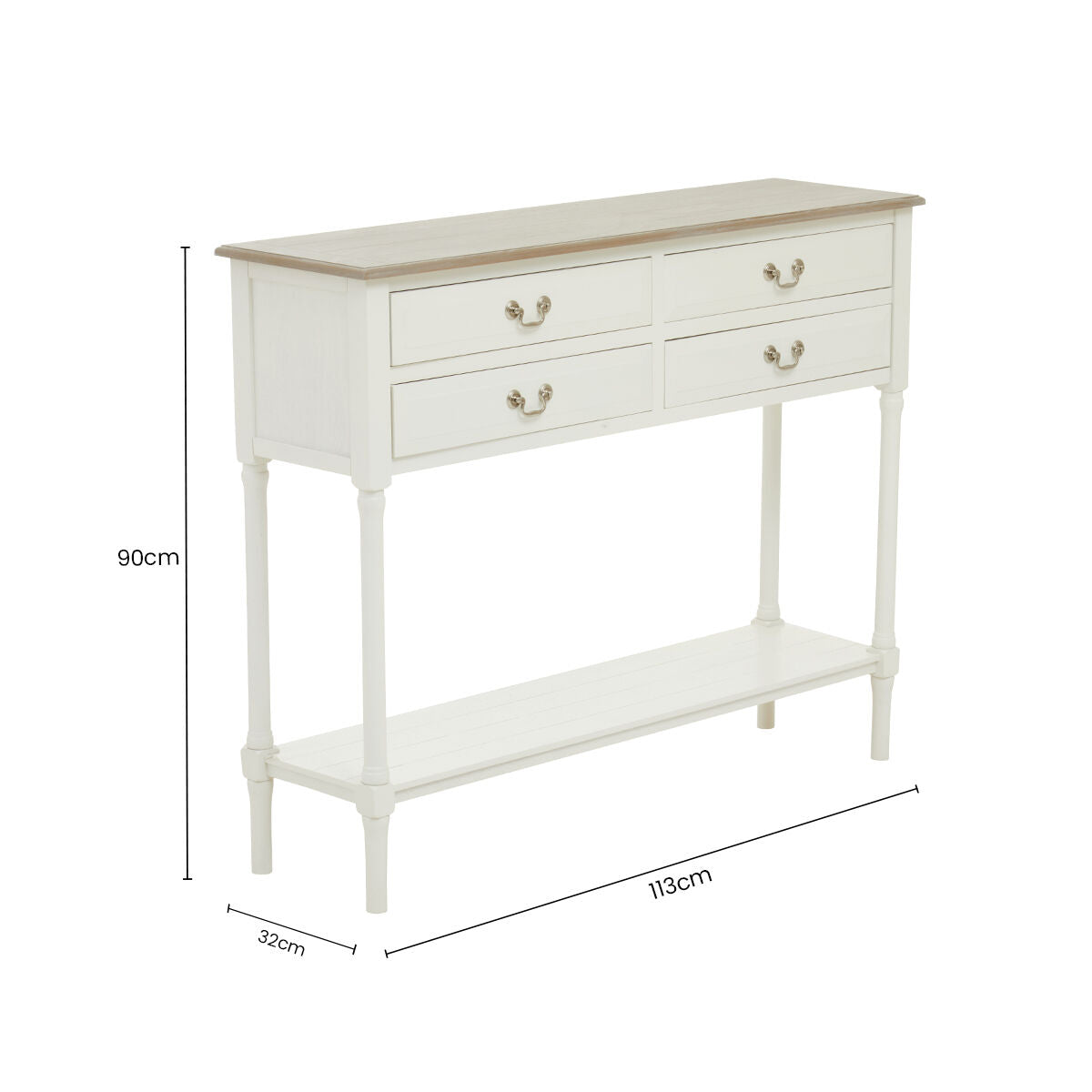 Natural Wooden Frame and White 4 Drawer Wooden Side Table with Lower Storage Shelf, Heritage