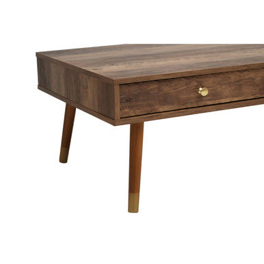 Brown Wood Veneer Coffee Table with 2 Drawers and Angular Wooden Legs, Frida