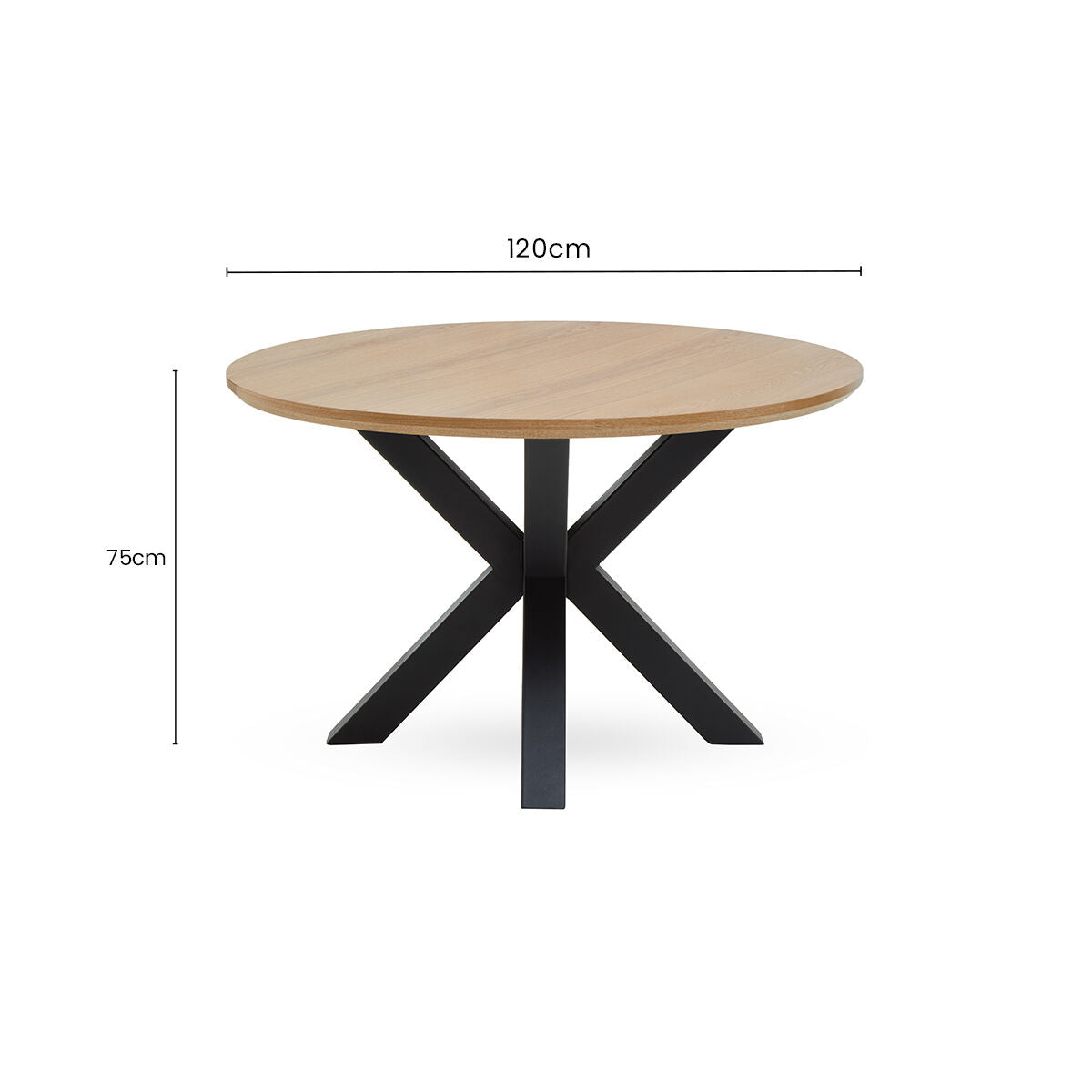 Natural Wood Veneer Top Round Dining Table with Black Metal Legs, Salford
