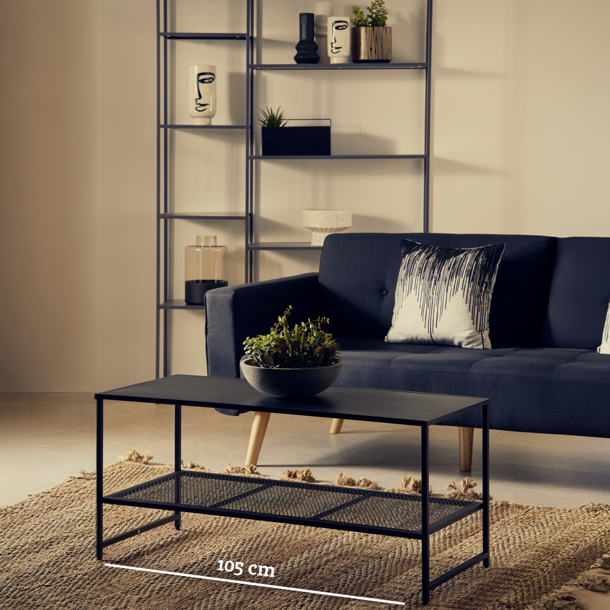 Black Powder Coated Metal Coffee Table with Open Storage Mesh Shelf, Acero | Acero