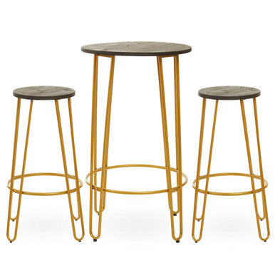 3 Piece Elm Wood Bar Table and Stool Set with Angular Frame in Gold Finish | District