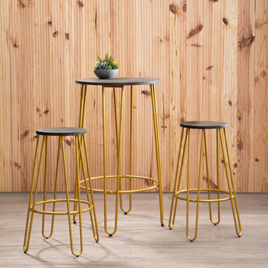 District 3Pc Gold Finish Bar Table Stool Set