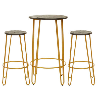 3 Piece Elm Wood Bar Table and Stool Set with Angular Frame in Gold Finish | District