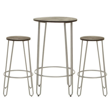 3 Piece Elm Wood Bar Table and Stool Set with Angular Frame in Silver Finish, District