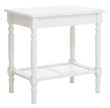White Wooden 2-Tier Side Table with Cane Rattan Webbing Detail and Carved Legs, Heritage
