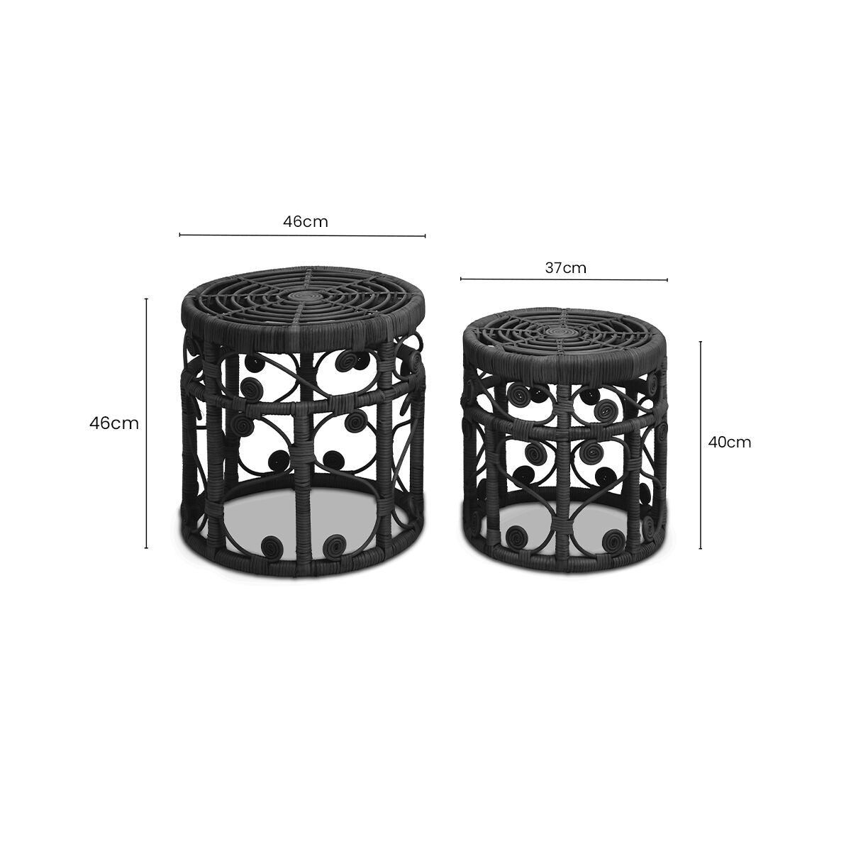 Black Natural Rattan Set of Two Nesting Tables with Tight Weave Top and Scrolled Base | Mataram