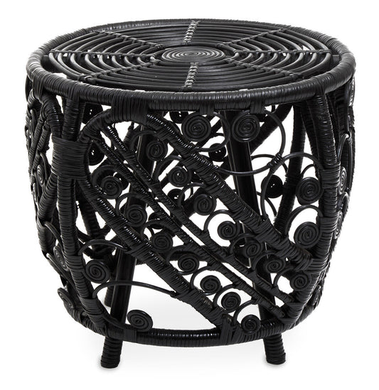Black Natural Rattan Side Table with Tight Weave and Scrolled Detail | Mataram