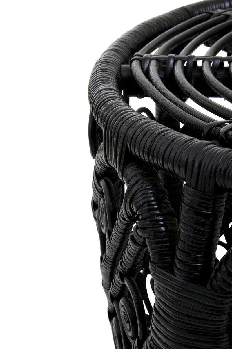 Black Natural Rattan Side Table with Tight Weave and Scrolled Detail | Mataram