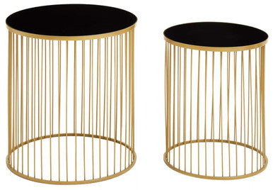 Set of 2 Black Glass Top and Gold Finish Base Side Tables | Avento
