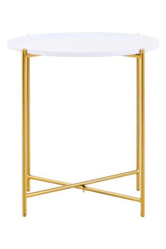 White Tray Top Round Side Table with Gold Finish Criss Cross Base | Trosa