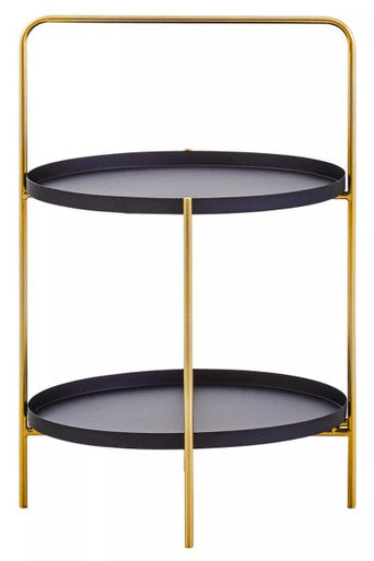 Black Rounded Shelves Two-Tier Side Table with Gold Iron Stand | Trosa