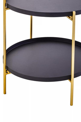Black Rounded Shelves Two-Tier Side Table with Gold Iron Stand | Trosa