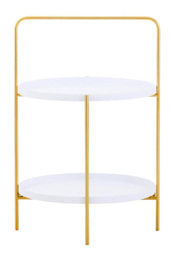 White Rounded Shelves Two-Tier Side Table with Gold Iron Stand | Trosa