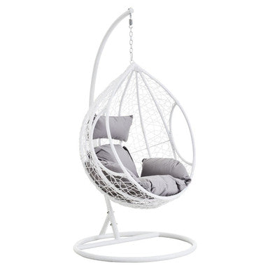 Goa White Rattan Effect Hanging Chair With Grey Cushions