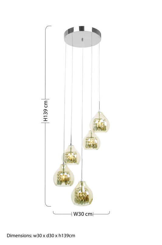 Moire Smoked Glass and Chrome 5 Pendant Light