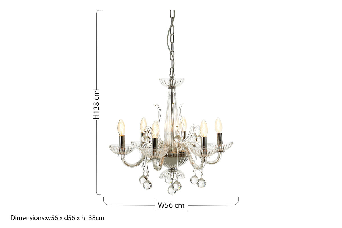 6 Bulb Clear Crystal Glass Chandelier | Morano