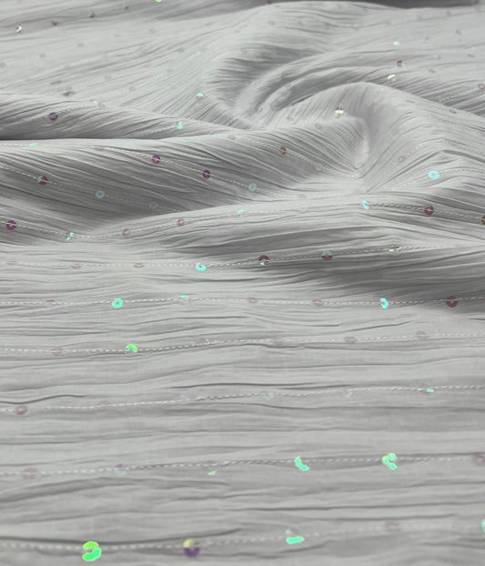 White Sequin Crinkled Lightweight Non Stretch Fabric