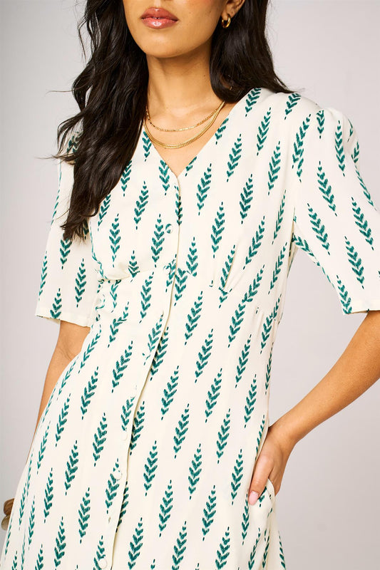 Green Leaf Print Button Front Midi Dress In White