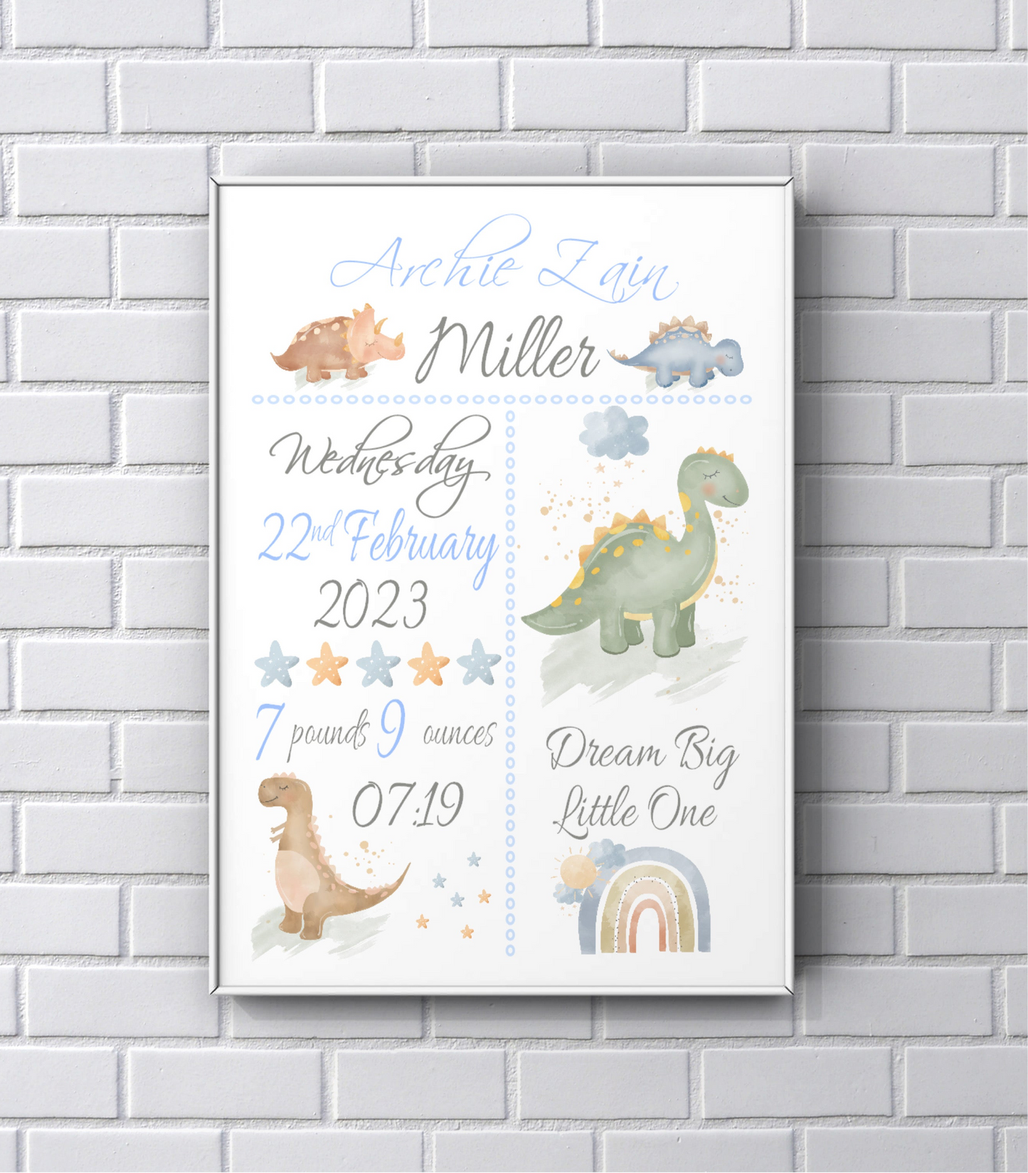 Nursery Art - Personalised dinosaur birth date print for boy
