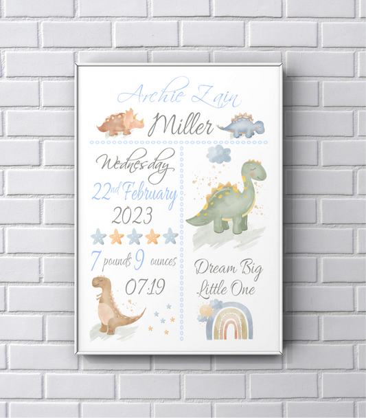 Nursery Art - Personalised dinosaur birth date print for boy