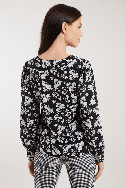 Louche Bindy Mono Sprig Print V Neck Long Sleeve Blouse