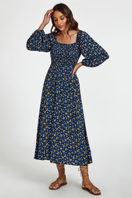 Floral Print Square Neck Maxi Dress In Dark Blue