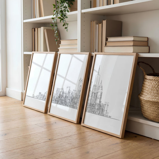 3 Pictures for Living Room | New York Skyline Line Art Skyscraper Wall Art Prints | Set of 3