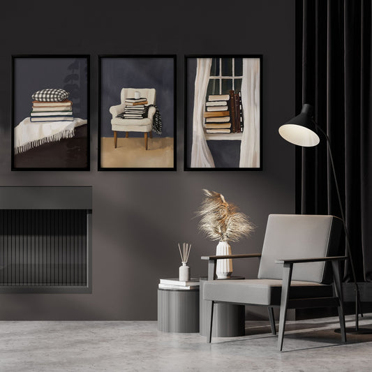 3 Piece Wall Art Framed | Bohemian Book Lover Still Life in Moody Grey Tones | Set of 3