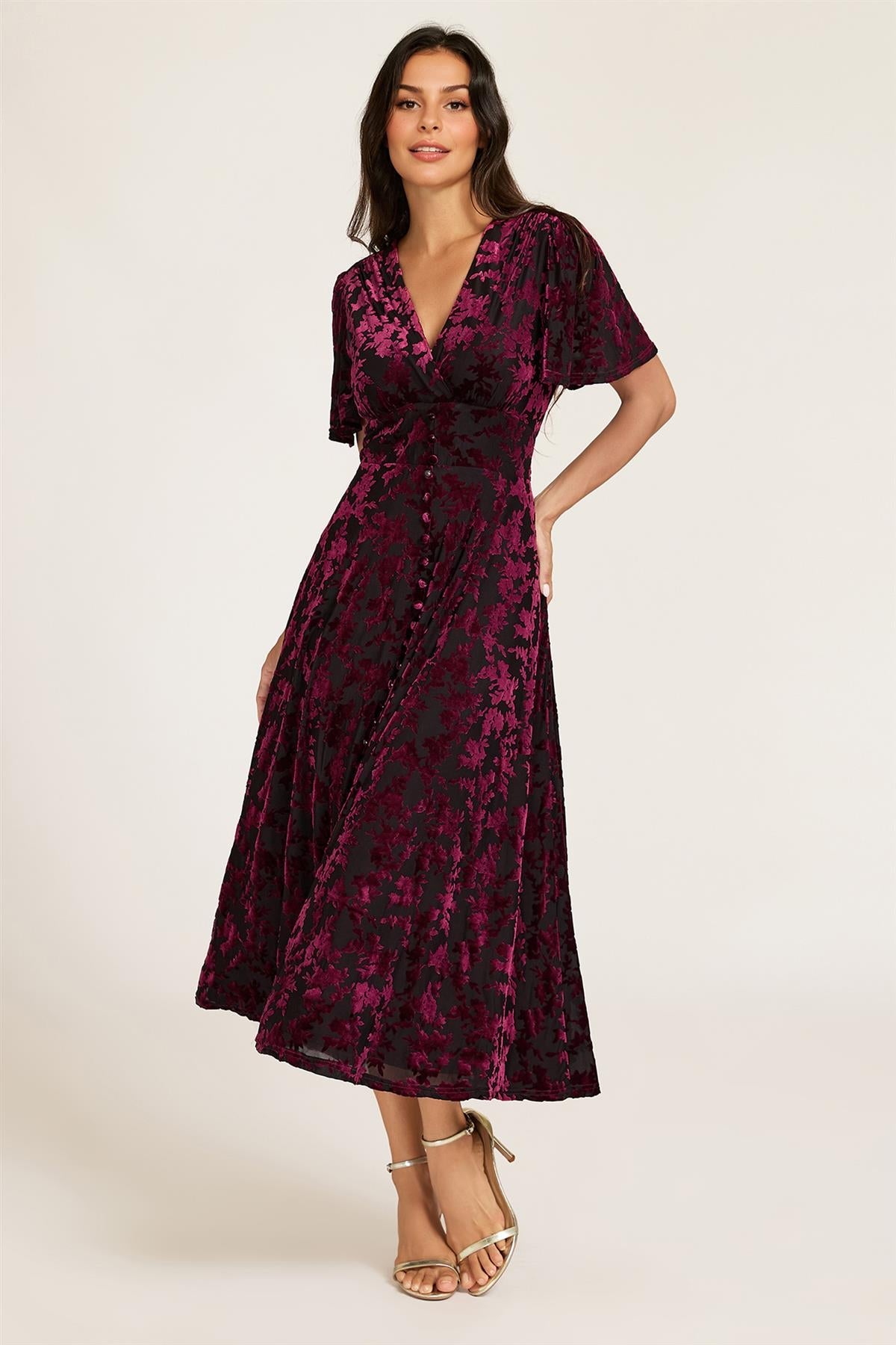 Floral Velvet Devore V neckline Dress In Wine