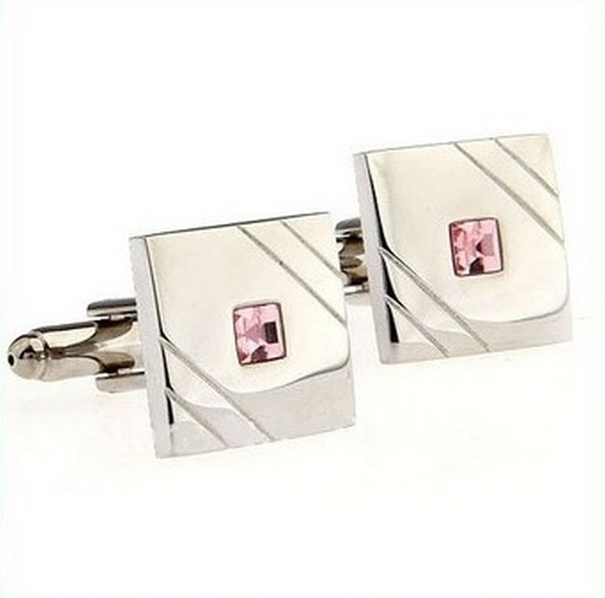 Elegant silver square cufflinks with pink stone crystal