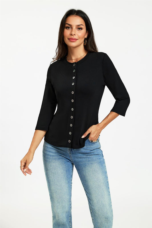 Button Through 3/4 Sleeve Jersey Cardigan Top Black