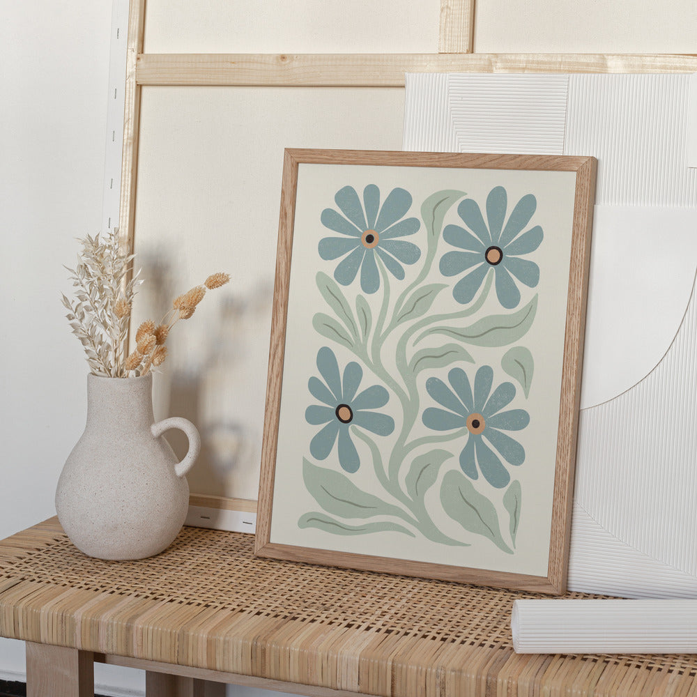 Abstract Flowers Blue and Green Print