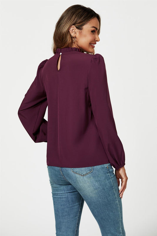 Frill Detail High Neck Top In Plum