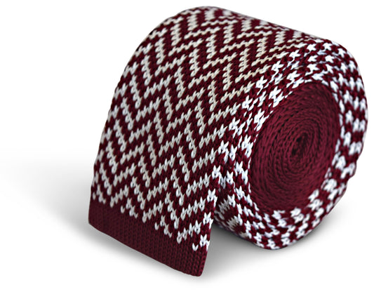maroon and white herringbone knitted tie
