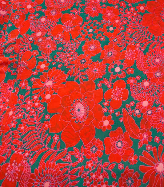 Red Green Floral Lightweight Crepe Fabric 110GSM Non Stretch