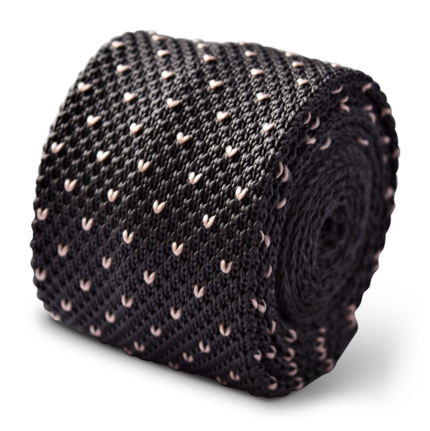 grey skinny knitted tie with pink pin spots
