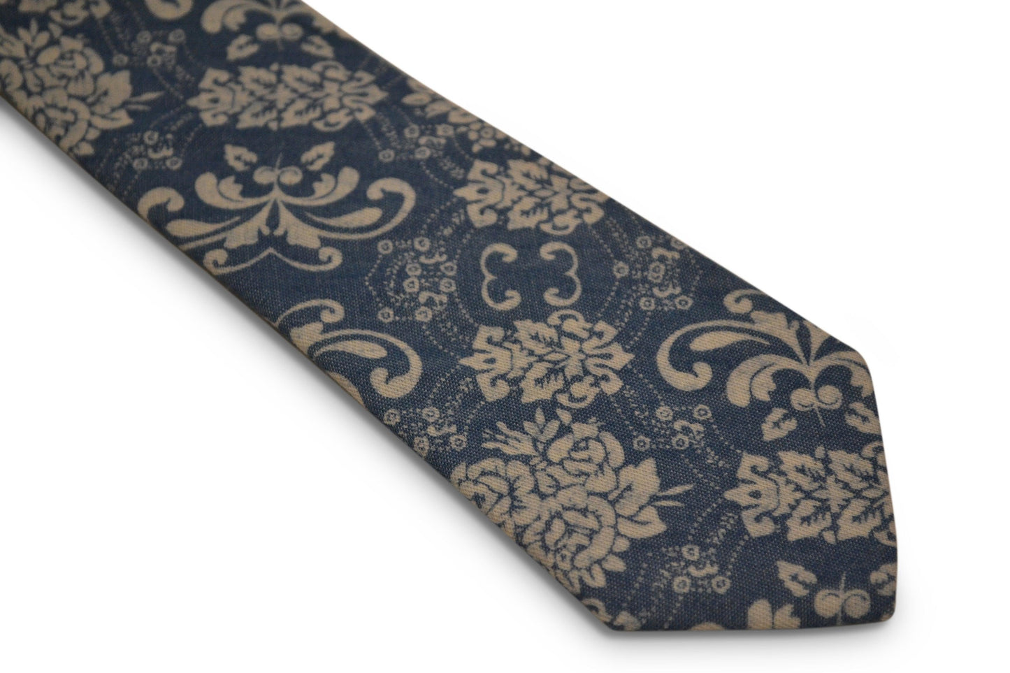 denim medium blue with white damask floral design cotton tie