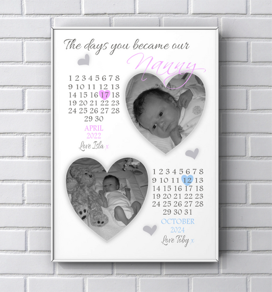 Personalised Nanny, Grandma print Mother's Day 'The days you became our Nanny'