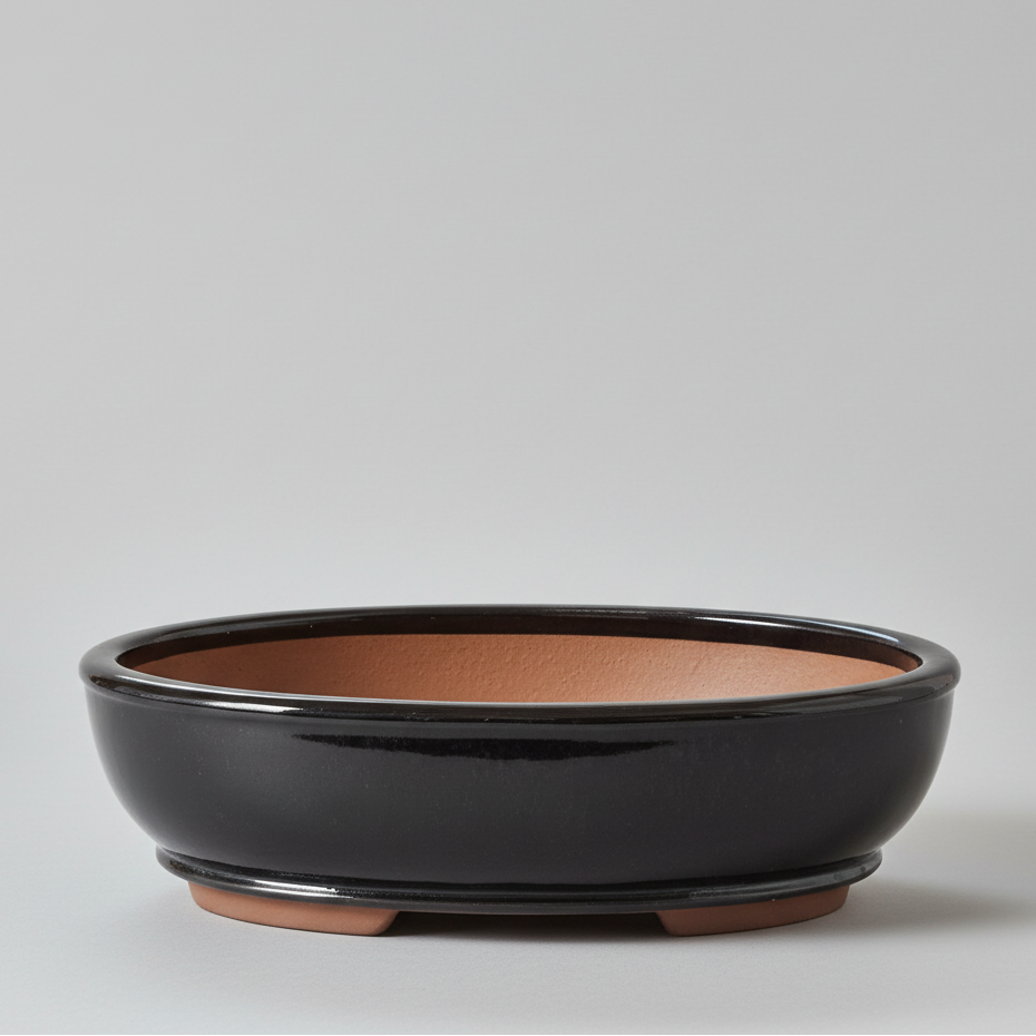 37cm Glazed Bonsai Pot | Oval | 37cm x 31cm x 9cm | Black