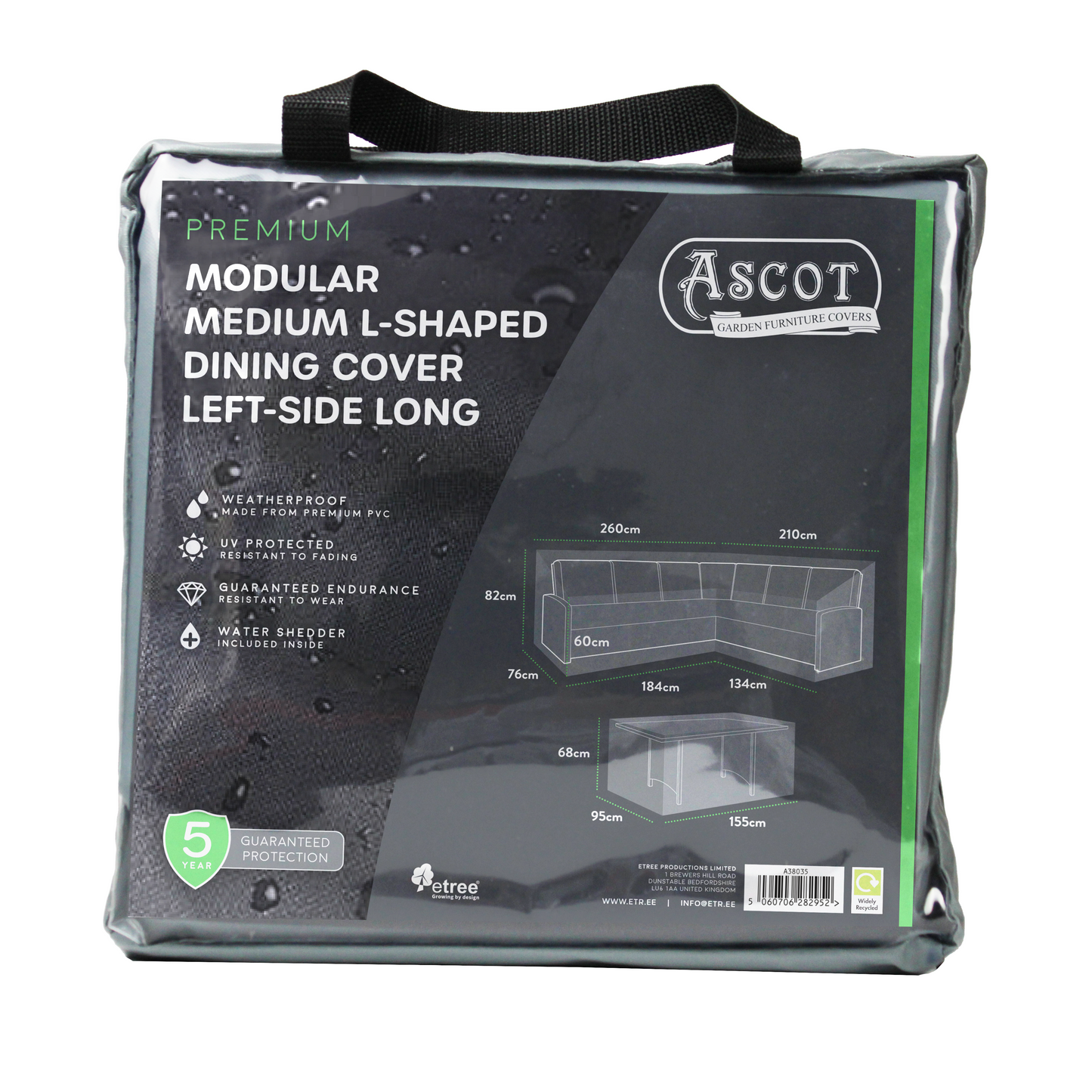 Premium Modular Medium L Shaped Dining Cover (left side long) - 260/184 X 210/134 X 76 (D) X 60/82 (H)
Table: 155 X 95 X 68 H