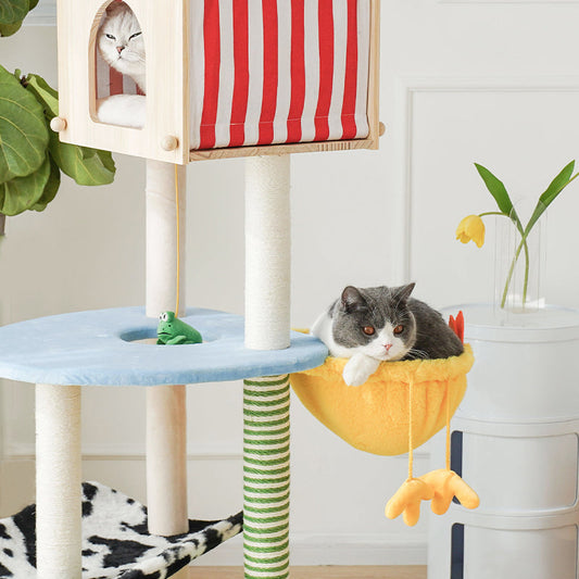 zeze Farmhouse Cat Tree — 138cm Tower with Wooden House, Chick Hammock & Cow-Print Perch