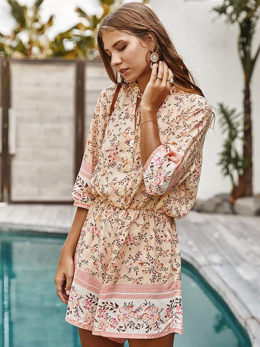 Boho Playsuit With Buttons In Cream & Peach Floral Print